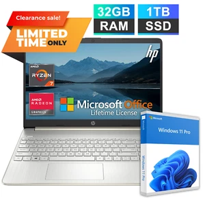HP 15 Laptop Computer 15.6 AMD Ryzen 7 32GB RAM 1TB SSD Win Pro MS Office 2024 - Picture 1 of 10