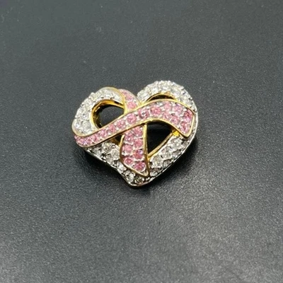 Broche Esperanza y Corazón Cinta Cáncer de Mama Cristales Tono Dorado Cisne Firmado Swarovski Foto 1 de 4