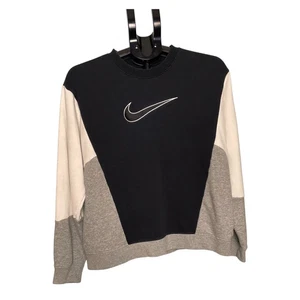 Nike Crew Sweatshirt Colorblock Black Gray White Pullover Swoosh Logo M A Grade - Picture 1 of 7