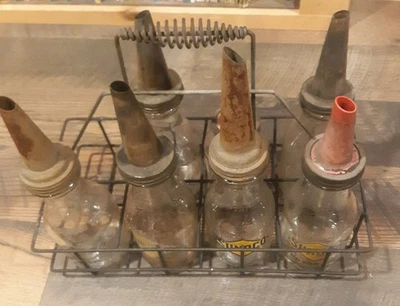 6 Vintage Glass Oil Bottles W Spouts And Carrier Sunoco Brooks Antiques Retro  - Image 1 of 4