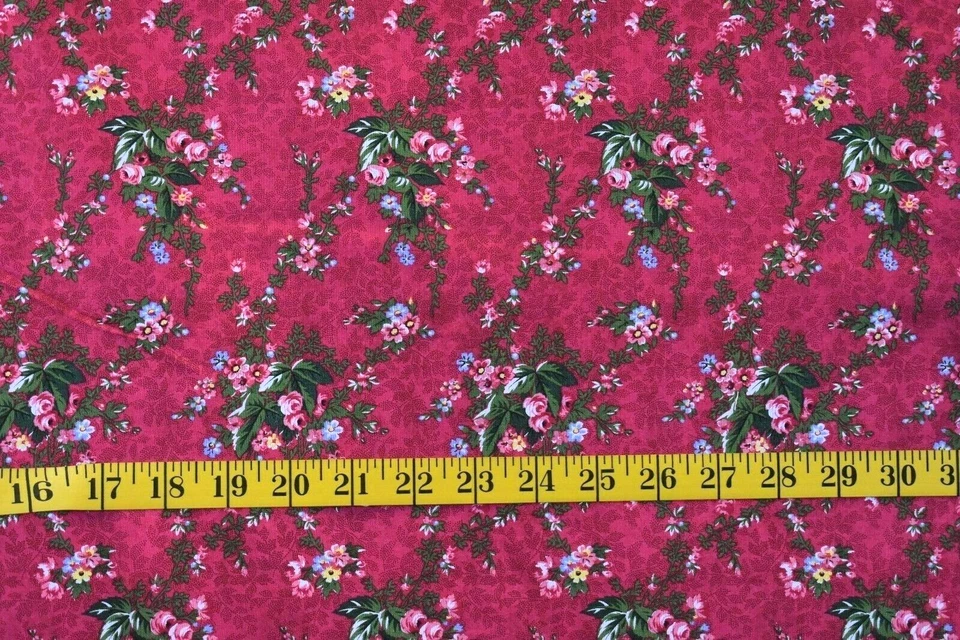 ROSES VINE  BOUQUETS ON BURGUNDY  100% COTTON FABRIC  BY THE 1/2 YARD - Image 1 of 1
