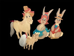 Wood Folk Art Handmade Yard Ornament Wall Plaque Painted Farmer Horse Bunny Lot - Picture 1 of 10