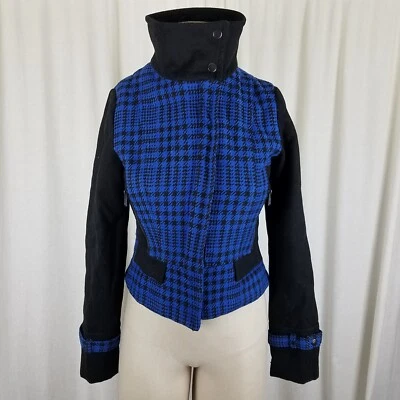 Jaqueta de motociclista feminina xadrez Houndstooth azul brilhante material menina S cropped - Imagem 1 de 4