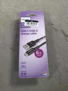 Philips Mobility Elite USB-A To USB-C Charge Cable 6ft Black 15W - Picture 1 of 2