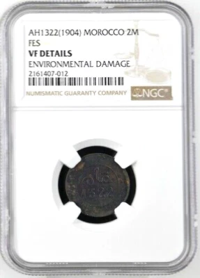 AH 1322 1904 Marruecos 2 Mazunas, Fez Fez Como Nuevo, NGC VF Detalles, KM-Y-15.2 Fecha Clave Foto 1 de 2