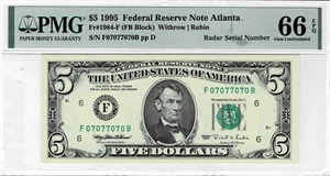 1995 $5 FRN- LUCKY 7's-- Fancy Radar Serial#-070 77 070-PMG 66 EPQ-Only 6 Finer - Picture 1 of 6