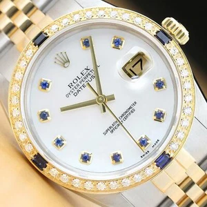 ROLEX MENS DATEJUST 2 TONE MOTHER OF PEARL SAPPHIRE DIAL QUICKSET DIAMOND WATCH - Picture 1 of 9