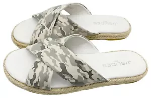 $90 J/Slides Leather Sandals 8 M White Gray Camo Espadrilles CrissCross Flat NIB - Picture 1 of 11