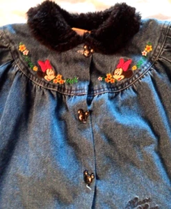 Disney Vtg Y2K Minnie Mouse Toddler 4T Denim Blue Jacket Embroided Faux Fur - Picture 1 of 16