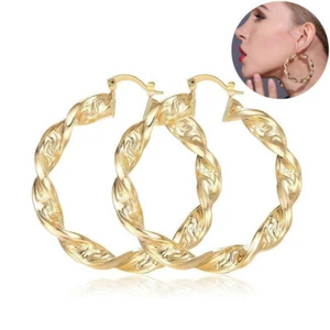 HOOP TWIST 18ct BIG 60mm EARRINGS FILLED YELLOW GOLD PLATED HUGE LARGE - Picture 1 of 11