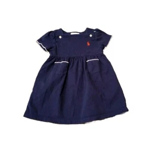 Ralph Lauren Dress Baby Girls 9 Months Navy Blue Cap Sleeve Shirt Pockets Frock - Picture 1 of 7