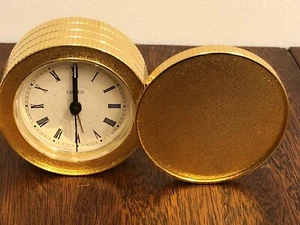 NIB Compact Travel Bedside LINDEN Flip Close Quartz Clock Alarm Brass Unique! - Picture 1 of 4