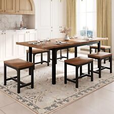 7-Piece Dining Table Set with 6 Stools, 63" Large Extendable Kitchen Table Set