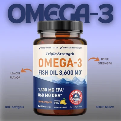 Aceite de pescado omega-3 triple fuerza 3600 mg 180 quilates suplemento sin quemaduras de alto EPA y DHA Foto 1 de 4