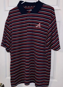 Atlanta Braves Majestic Polo Striped Logo Short Sleeve Shirt Men's L Chest 48” - Picture 1 of 7