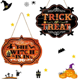 2 Pieces Halloween Wood Door Decorations Trick or Treat Hanging Sign Pumpkin Gho - Picture 1 of 7