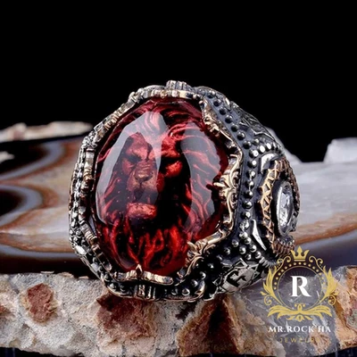 Anel masculino de prata esterlina 925 Relief Lion Maned, pedra de zircão vermelho, contas de prata esterlina - Imagem 1 de 4