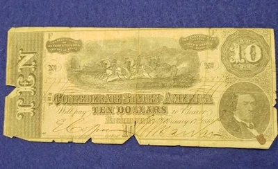 1864 CSA Confederate States of America  $10 Dollar Note ~ L👀K SHIPS FREE - Image 1 of 2