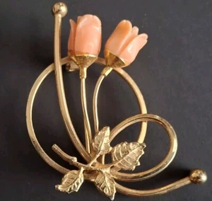 Vintage Lachs Korallen ROSEN geschnitzt STEIN Brosche Pin markenlos 1 1/4" - Bild 1 von 11