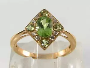 9K GOLD PERIDOT DIAMANT CLUSTER ART DECO INS RING KOSTENLOSE GRÖßE - Bild 1 von 5
