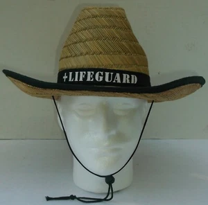STRAW HAT LIFEGUARD BLACK BAND BLACK BRIM CHIN STRAP ADULT MEN SUMMER HAT - Picture 1 of 7