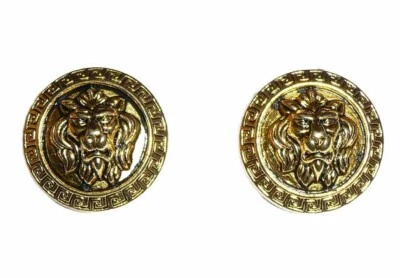 Antique Brass Lion's Head Metal Shank Button  7/8" Greek Key Pattern Rim (2) - Image 1 of 4