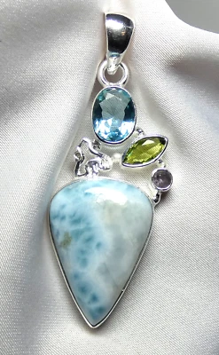 Larimar Blautopas Perdot Amethyst Anhänger 925 Silber wertvolles UNIKAT NEU* - Bild 1 von 4