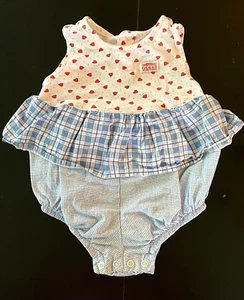 Vintage BABY GUESS JEANS Romper BLUE PLAID Red Hearts PEPLUM RUFFLE Cotton 12 M - Picture 1 of 7
