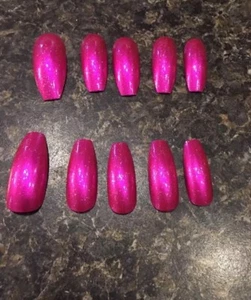 Set Of Painted Metallic pink glitter Long Coffin False Nails choose your shape - Picture 1 of 2
