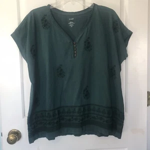 PureJil Womens Petite M Green Embroidered Buttoned Cotton V-Neck Tee - Picture 1 of 12