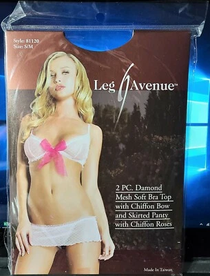 Sujetador Leg Avenue Style 81120 Blanco/Rosa S/M 2 Piezas Malla Diamante con Lazo y Pantalón de Gasa Foto 1 de 2