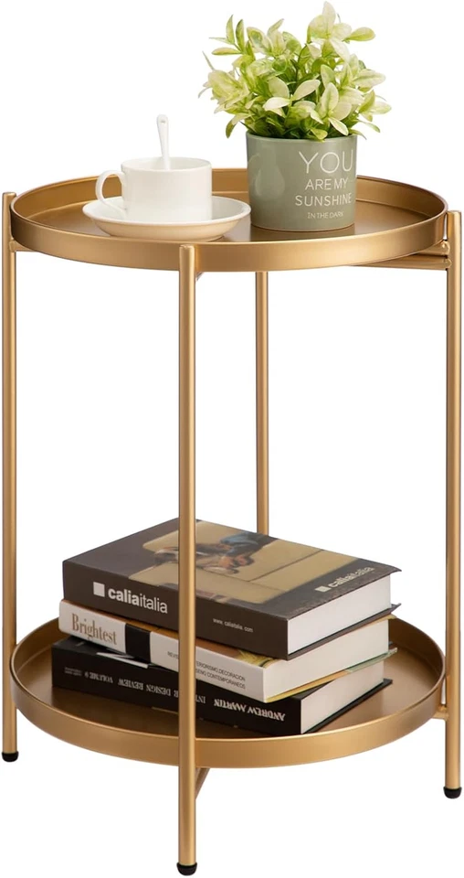 2-Tier Round Gold Side Table, Outdoor Small Folding Accent Stand with Removable - Image 1 of 1
