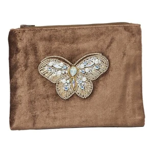 The Moshi: Pouch "Kelly, Brown", ca. 18 x 14 cm, Samt-Täschchen, handbestickt - Bild 1 von 1