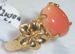 Size 7.5 3.2g Flower Plumeria Pink Coral Ring 14k Yellow Gold Hawaiian Hawaii - Picture 1 of 2