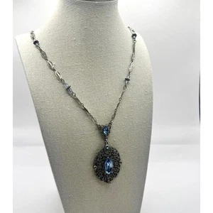 NOS Vintage Loreé Company filigrane Halskette blau Glas romantisch viktorianischer Stil - Bild 1 von 10