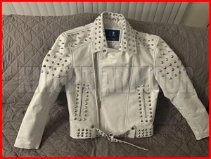 100 % Cow Leather Studded White Brando Biker Punk Spike Phantom Style Jacket XS - Picture 1 of 3