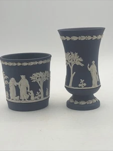 Jarrón y maceta pequeños vintage de jaspe azul cobalto Wedgewood 1973 - Imagen 1 de 7