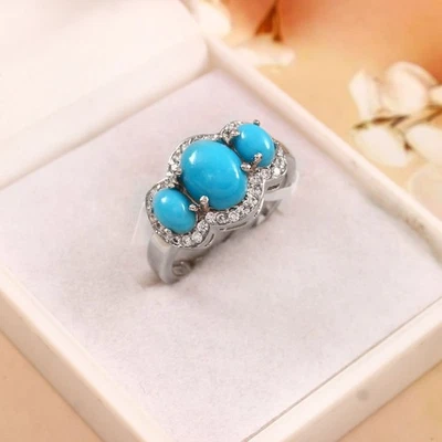 Arizona Turquoise Sterling Silver Ring 3 Gemstone Oval Cabochon Cocktail Jewelry - Image 1 of 4