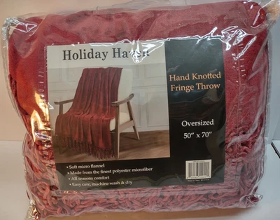 Manta de flecos anudada a mano 50x70 Borgoña Holiday Haven rojo oscuro NUEVA Foto 1 de 4