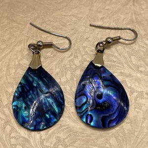 Vintage Artisan Bali Blue Abalone Mother of Pearl Dangle Teardrop Earrings Shell - Picture 1 of 8
