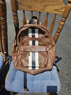 COACH Charles Varsity Backpack Stripe Leather F72237 Brown / White / Navy - Image 1 of 4