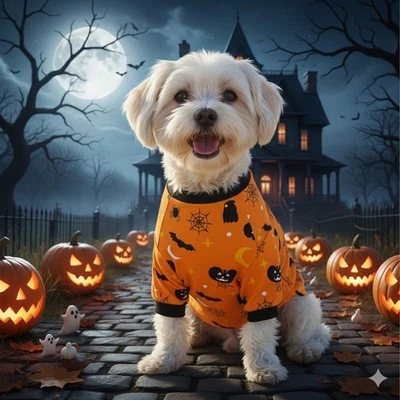 Pijama Halloween Estampado Espeluznante Perro/Gato, Naranja, Murciélagos Calabaza Tamaño Extra Pequeño Foto 1 de 4