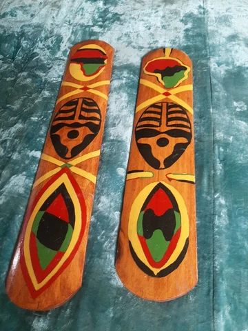 Old Vintage 2 Hand Painted Tribal Wood  Wall Hanging Plaques Cover