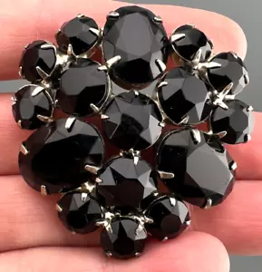 VTG Black Rhinestone Brooch Silver tone Cluster Faceted Crystal Mourning Gothic - Picture 1 of 12