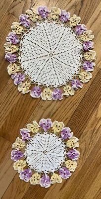 2 PANSY FLOWER HANDMADE  DOILIES - 11" & 9" , light yellow, light purple - Image 1 of 4