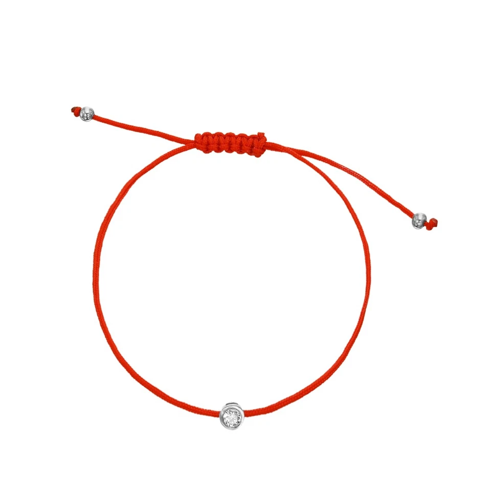 Solitaire Diamond Bracelet TCW 0.08 Red String Rope Macrame 14k White Gold - Image 1 of 4