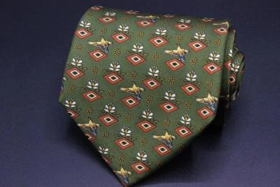 Corbata de seda SALVATORE FERRAGAMO. Verde con diseño floral y geométrico de aves. Foto 1 de 4