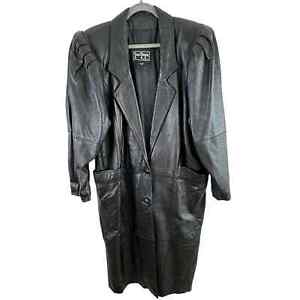 Vintage Gino di Giorgio Black Leather Button Up Trench Coat Size L