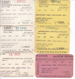 6 Tarjetas de registro de automóviles de Maryland/ 1958 Chevy/1961/1962/1963/1964/1965/1966 - Imagen 1 de 1