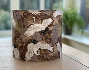 Oriental Birds Lamp Shade Japanese Cranes Fabric Floral Beige Brown Gold - Picture 1 of 11